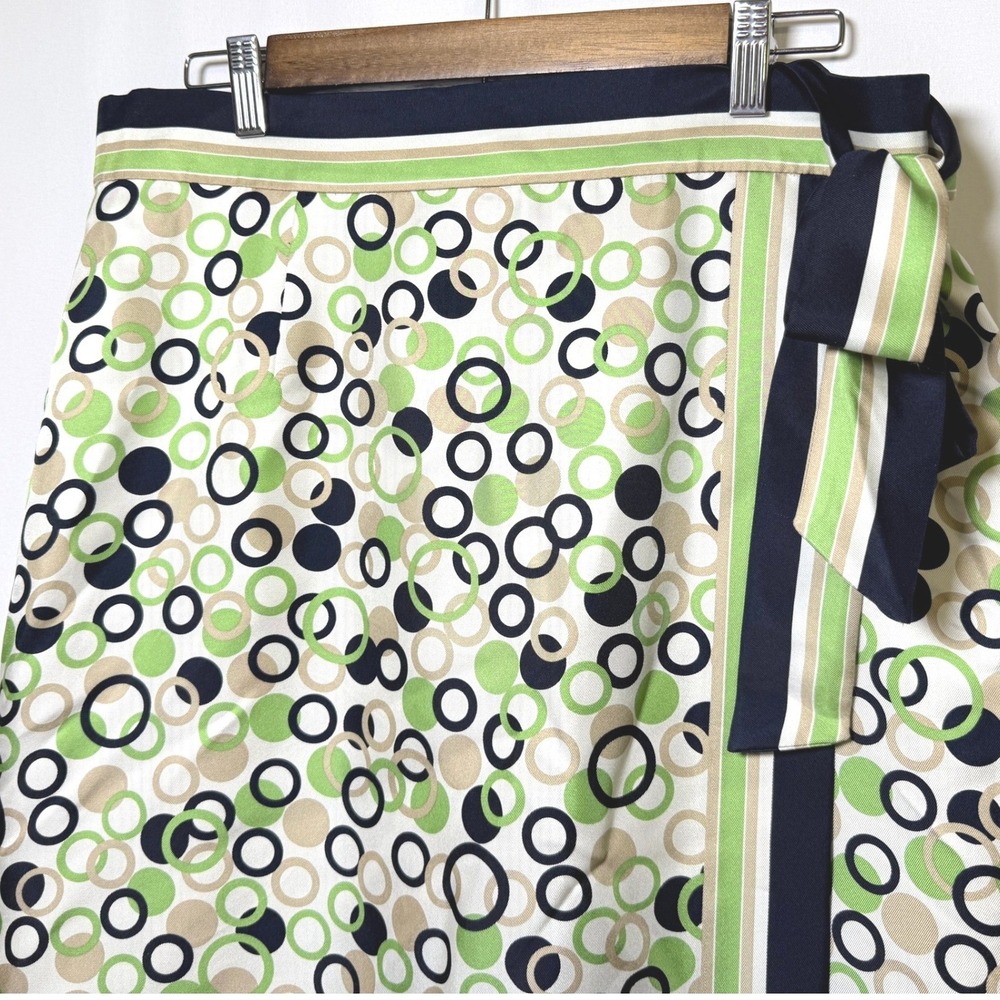 Talbots Pure Silk Circle Print Wrap Skirt Green Navy Blue Size 14 Knee Length
